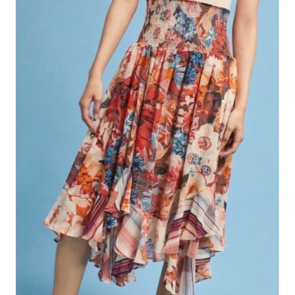 Akemi + Kin Anthropologie Smocked Patchwork Floral Handkerchief Midi Skirt M